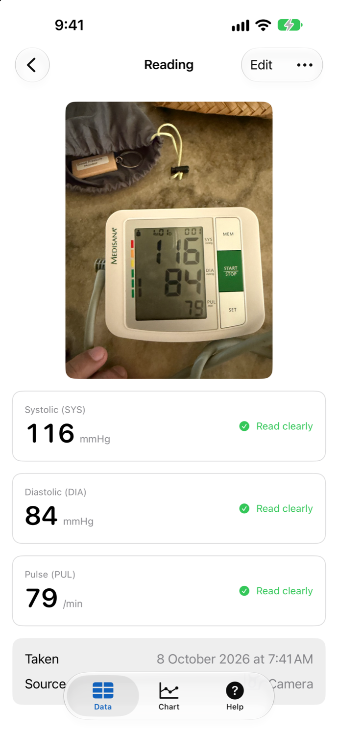 CuffScan reading a blood pressure monitor photo, with every value read clearly